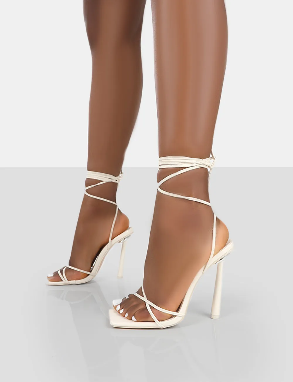 Ci Ci Ecru Pu Square Toe Lace Up Stiletto Heels