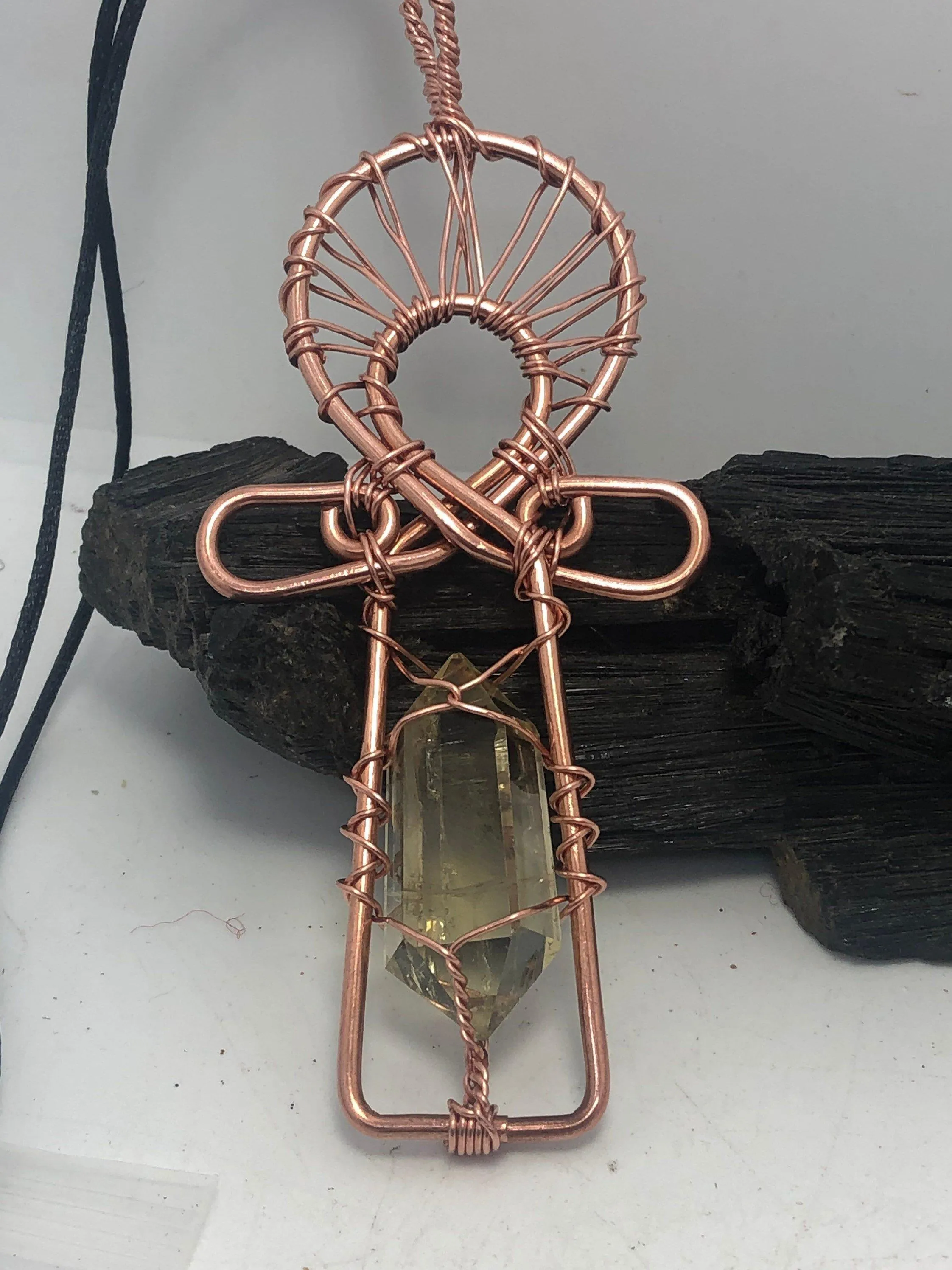 Citrine Kemetic Coptic Cross Copper Ankh Wirewrapped Pendant Necklace