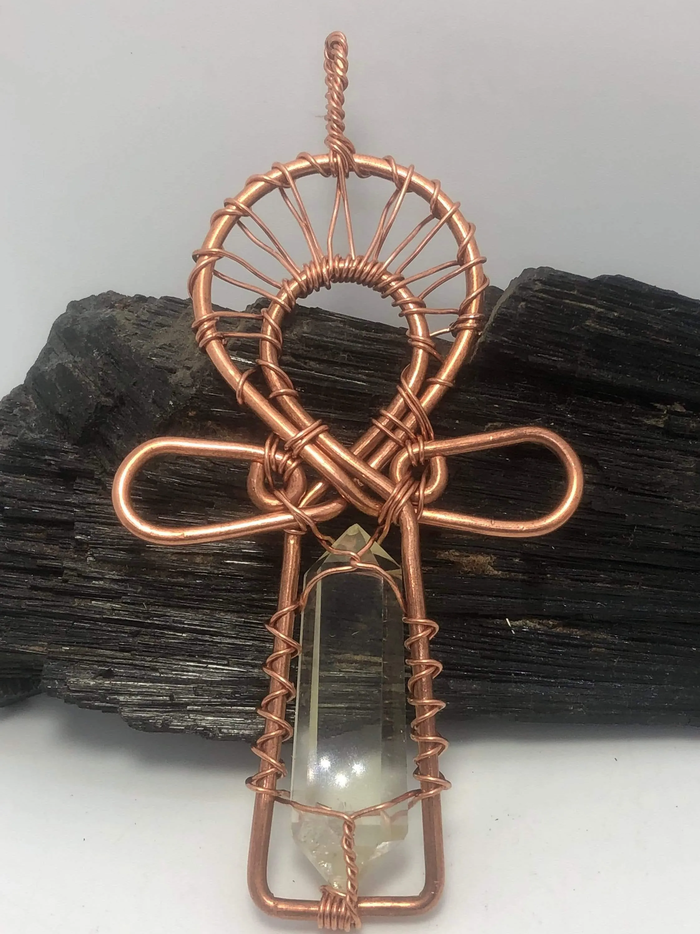 Citrine Kemetic Coptic Cross Copper Ankh Wirewrapped Pendant Necklace