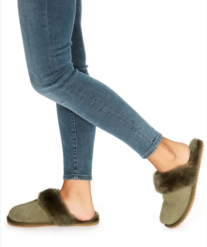 Classic Khaki Green Sheepskin Slippers