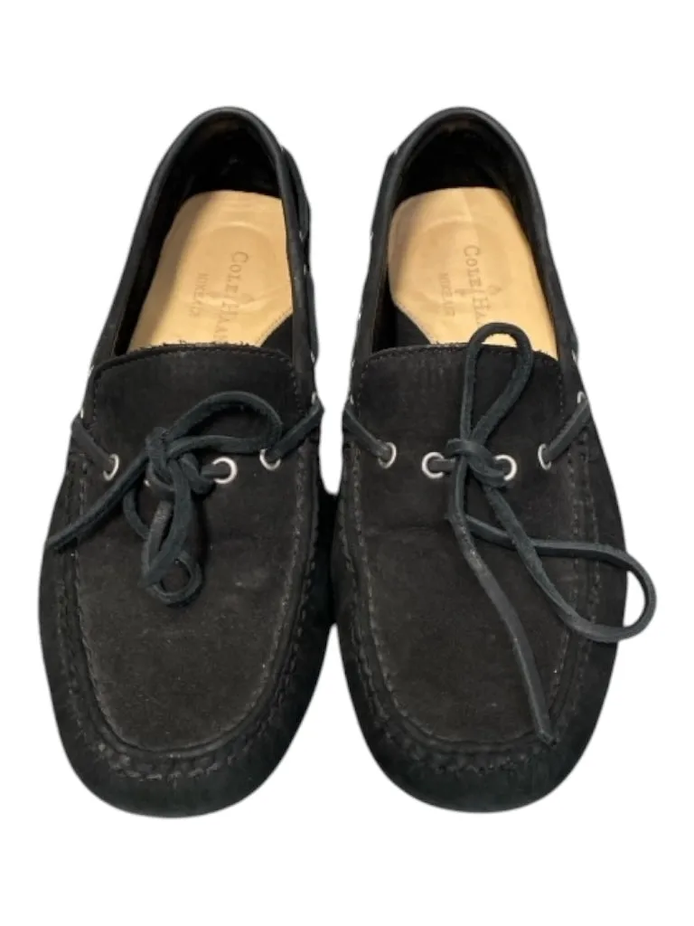 Cole Haan Shoe Size 7 Black Suede Almond shape Slip On Tie Detail Boat Shoes