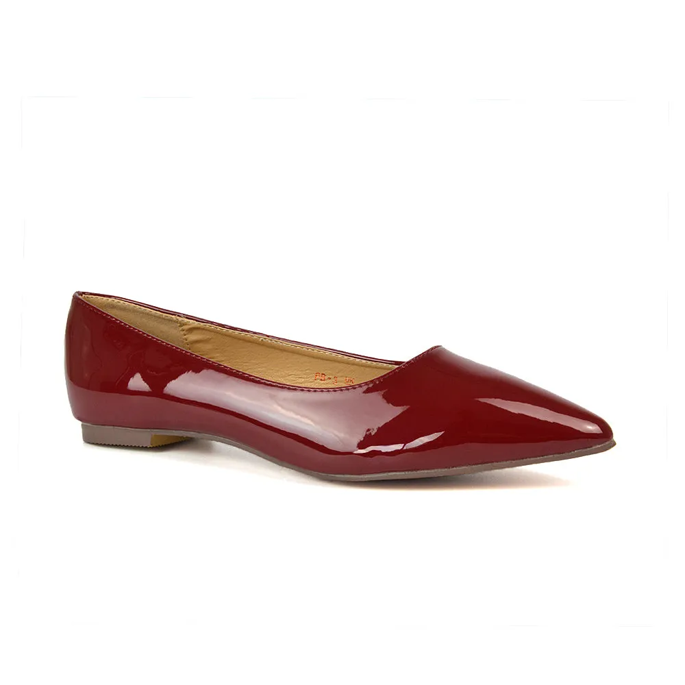 Cordelia Pointed Toe Flat Heel Ballerina Pump Shoes in Cherry Red Patent