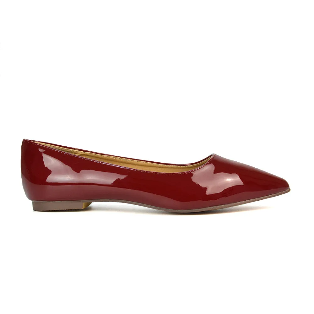 Cordelia Pointed Toe Flat Heel Ballerina Pump Shoes in Cherry Red Patent