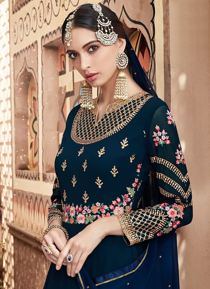 Dark Blue Multi Embroidered Flared Anarkali Suit