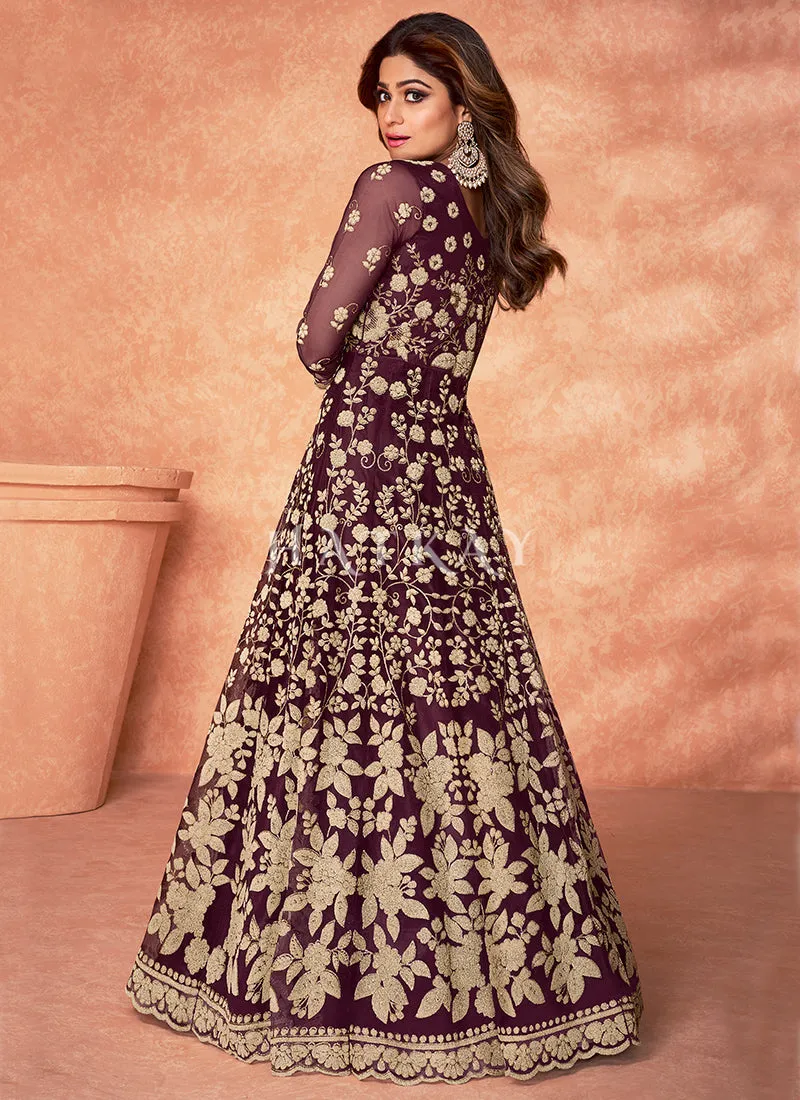 Dark Brown Embroidered Net Anarkali Suit