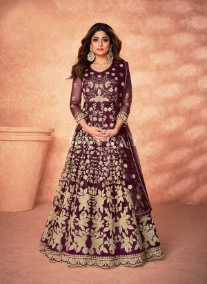 Dark Brown Embroidered Net Anarkali Suit