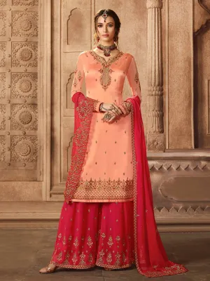 Deep Pink And Peach Embroidered Pakistani Gharara Suit