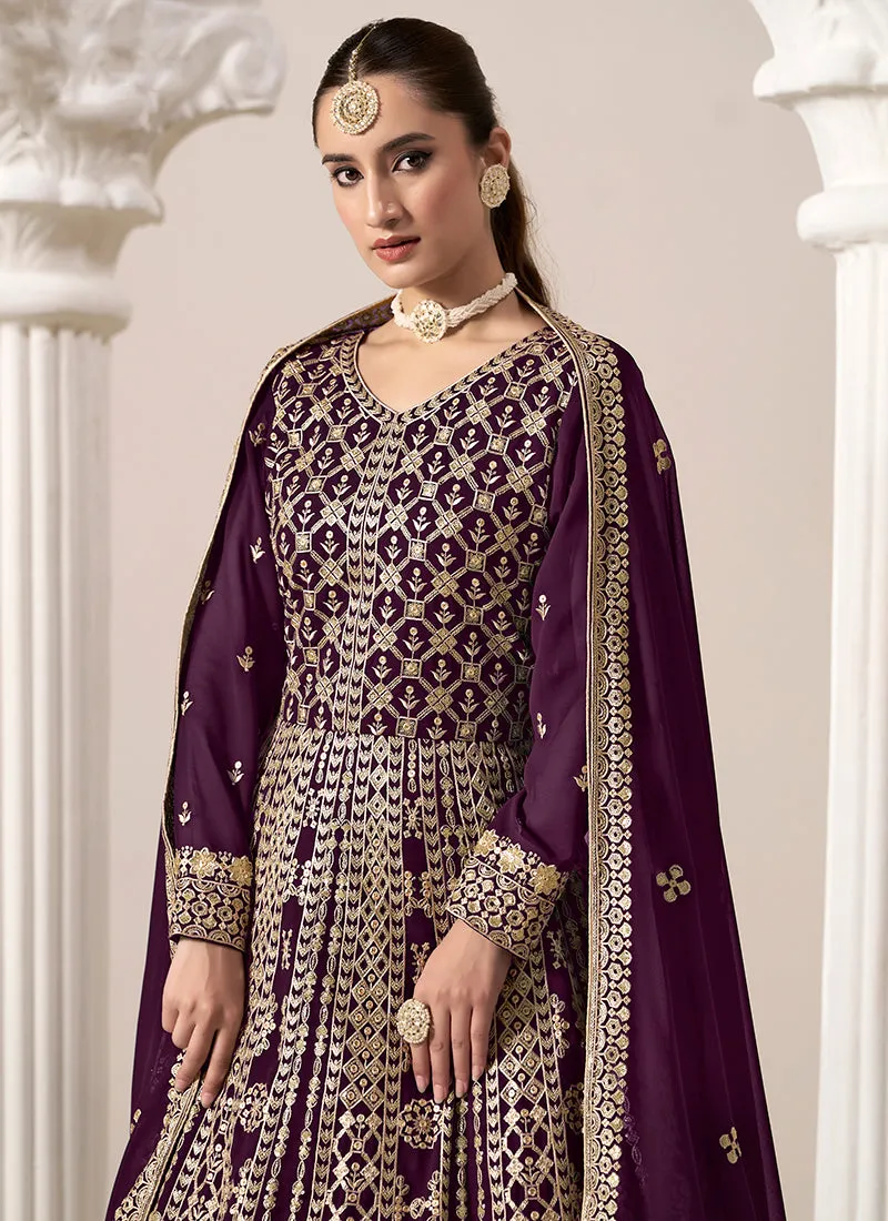 Deep Purple Embroidery Georgette Anarkali Suit