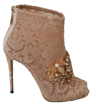 Dolce & Gabbana Pink Crystal Lace Booties Stilettos Shoes