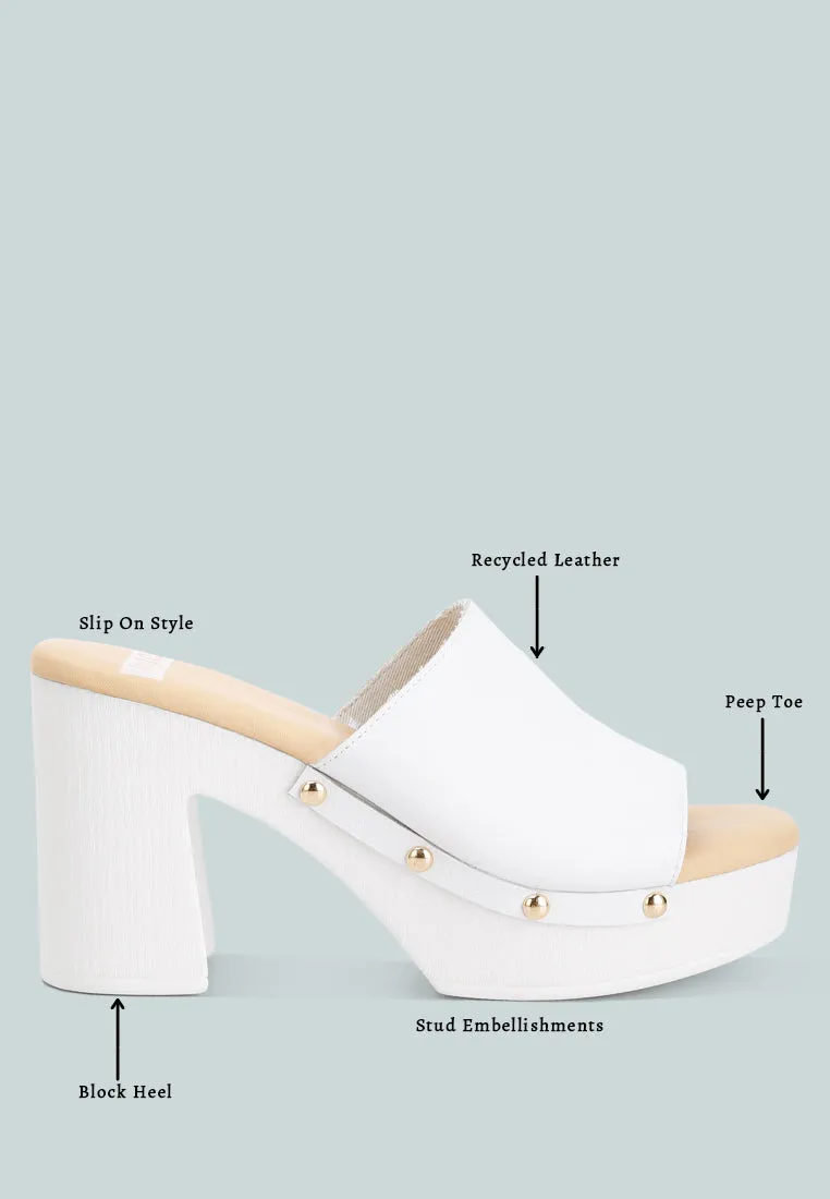 Drew Recycled Leather Block Heel Clogs In White