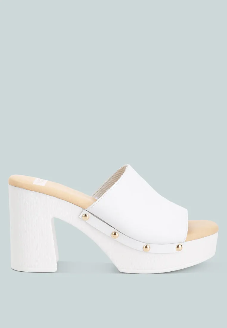 Drew Recycled Leather Block Heel Clogs In White