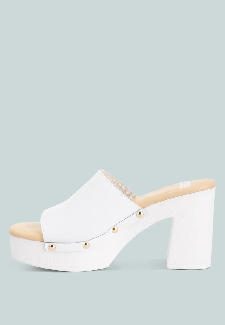 Drew Recycled Leather Block Heel Clogs In White