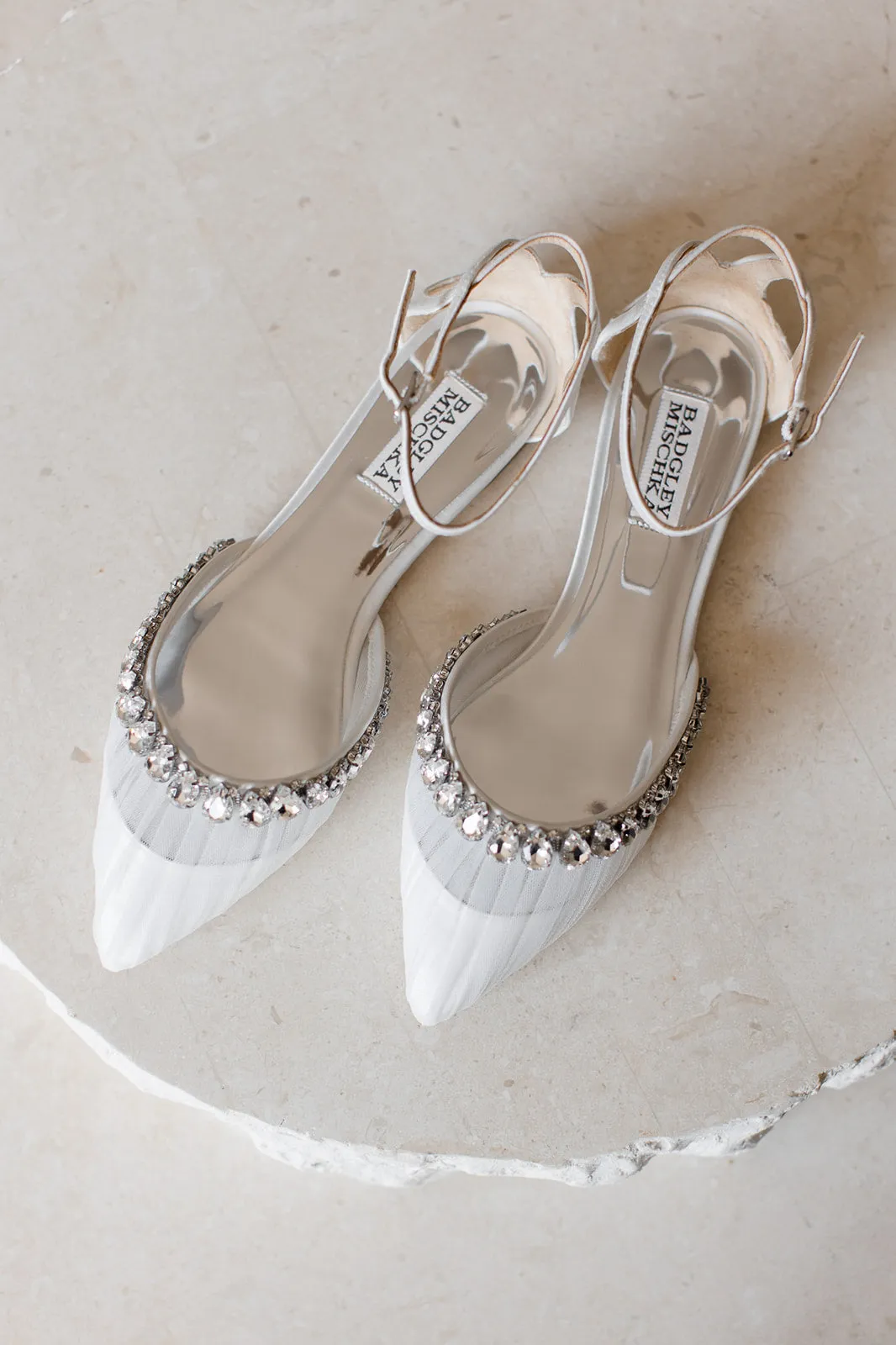 Evelynn - Crystal Embellished Tulle & Satin Flats - Soft White