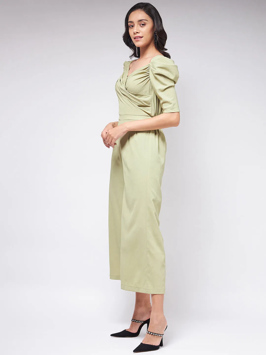 Flaunt Yourself In Solid Pleated Jumpsuit With Vintage Sleeves