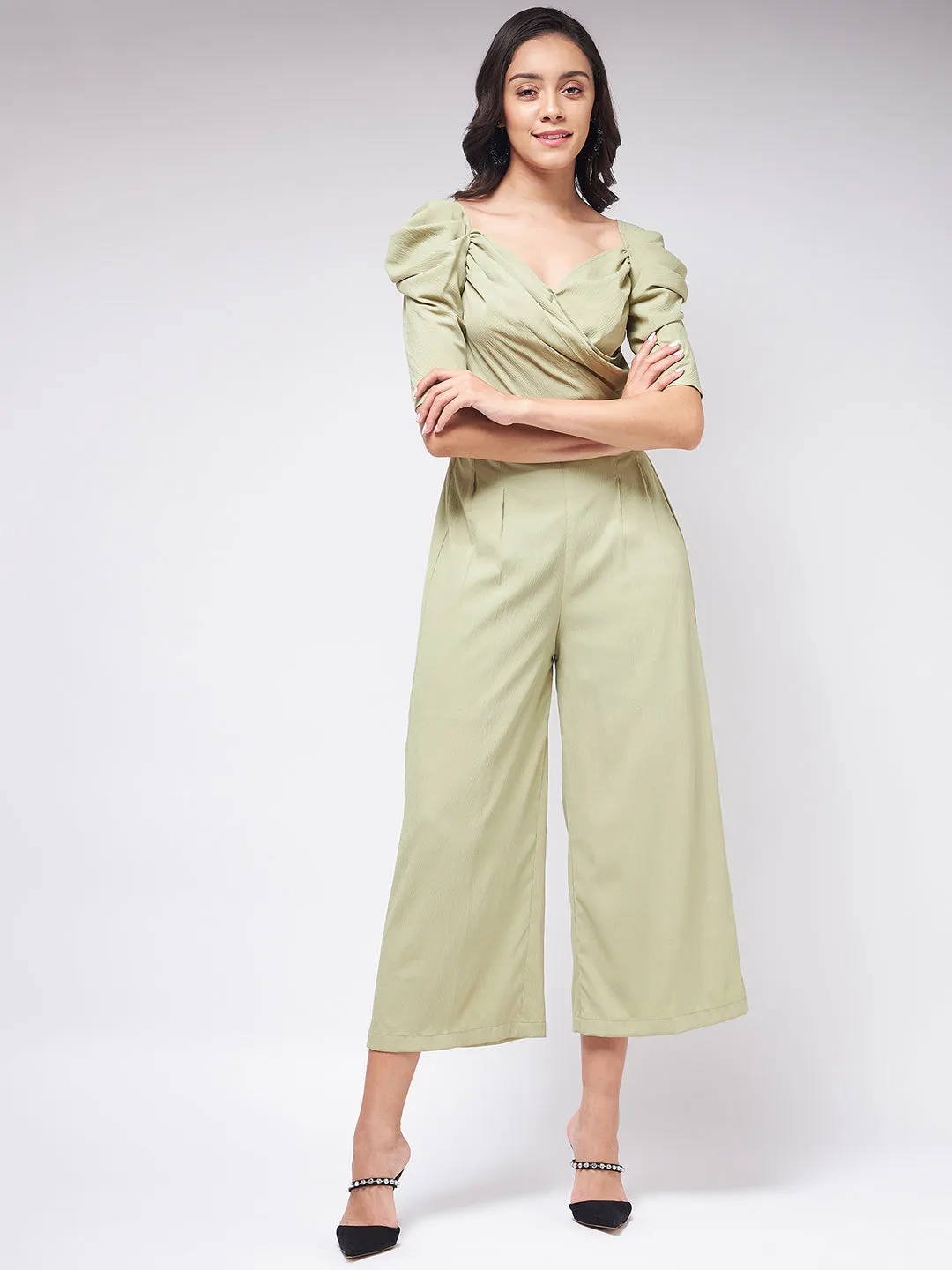 Flaunt Yourself In Solid Pleated Jumpsuit With Vintage Sleeves