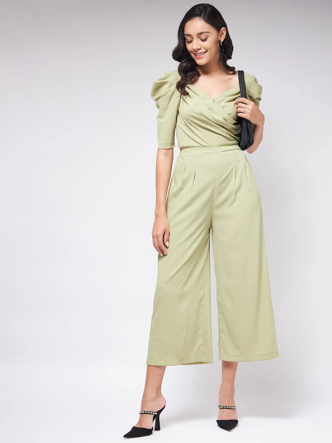 Flaunt Yourself In Solid Pleated Jumpsuit With Vintage Sleeves