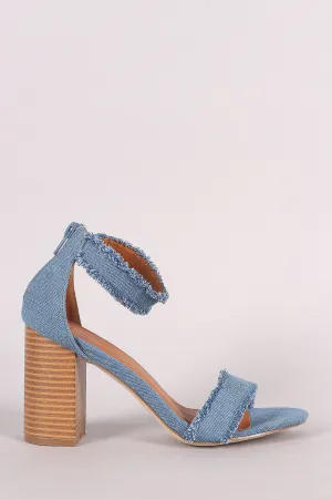 Frayed Denim Buckle Ankle Strap Chunky Heel