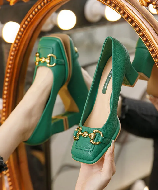 French Green Faux Leather Sequined Splicing Chunky High Heels DD1027