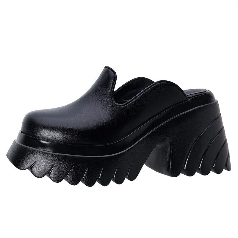 Genuine Leather Chunky High Heel Platform Slippers