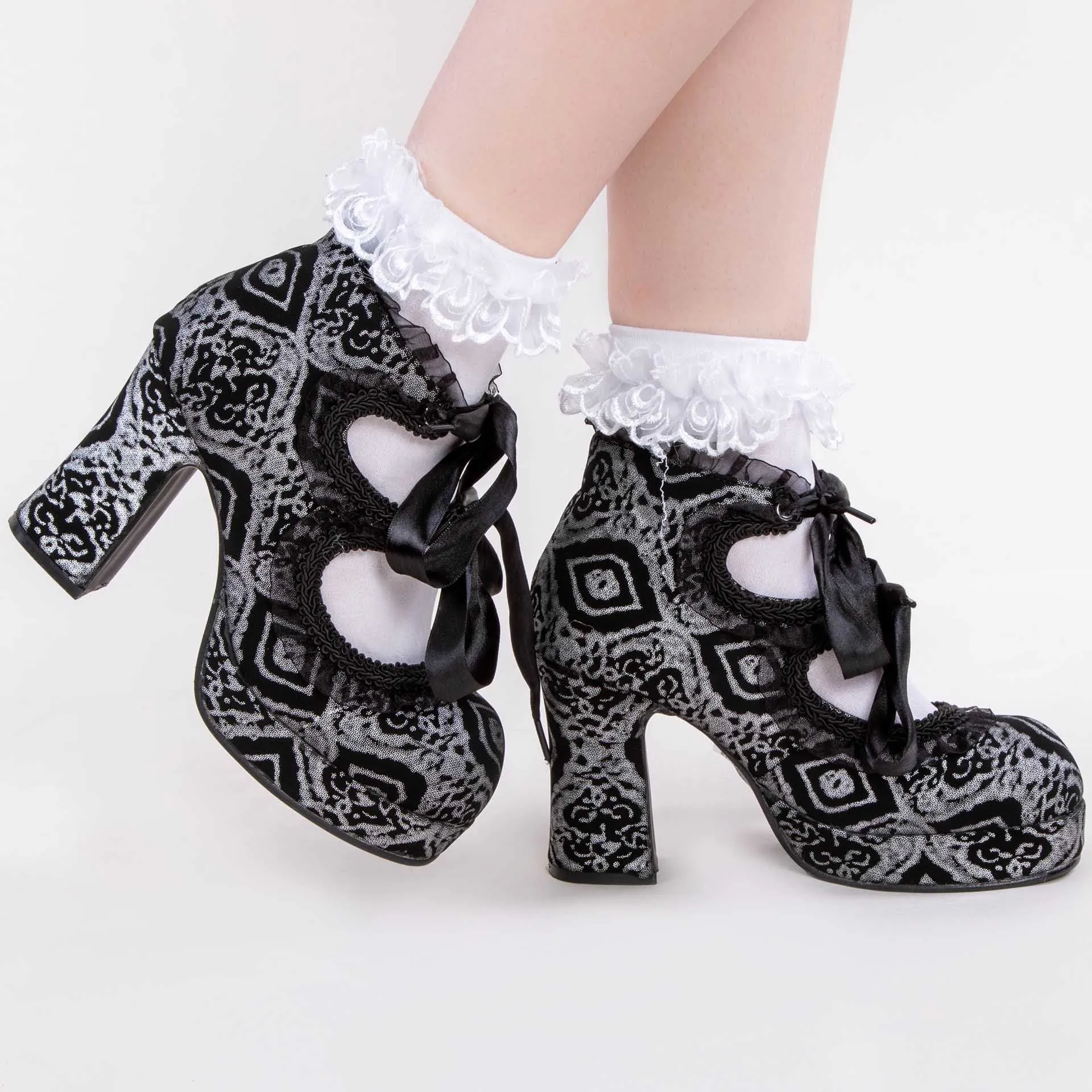 GOTHIKA-53 Black & Silver Nubuck Mary Jane Heels