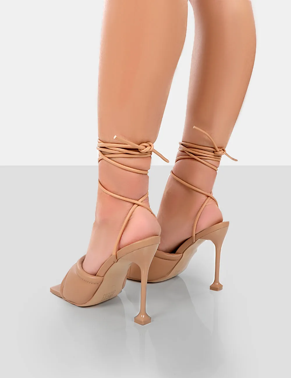 Gracie Nude Pu Square Peep Toe Lace Up Stiletto Heels