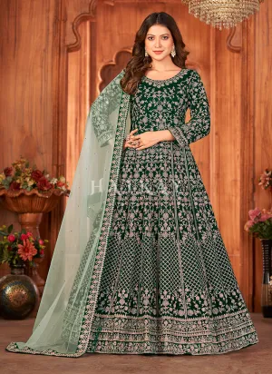 Green Embroidery Traditional Velvet Anarkali Suit