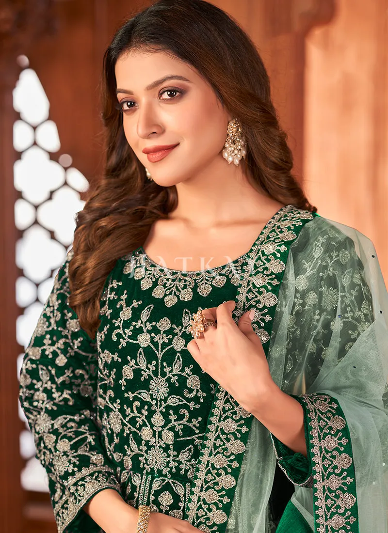 Green Embroidery Traditional Velvet Anarkali Suit