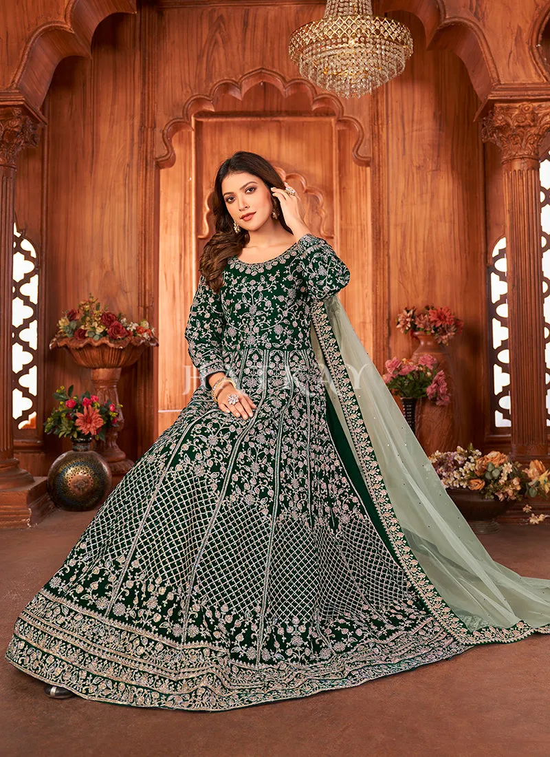 Green Embroidery Traditional Velvet Anarkali Suit