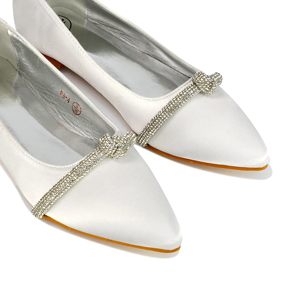 Halley Flat Heel Pointed Toe Sparkly Wedding Embellished Diamante Bridal Pumps in Ivory Satin