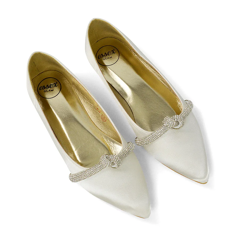 Halley Flat Heel Pointed Toe Sparkly Wedding Embellished Diamante Bridal Pumps in Ivory Satin