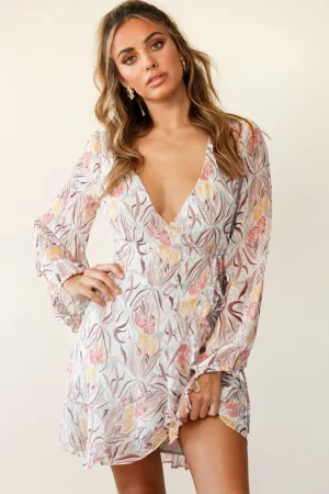 Hartley Balloon Sleeve Wrap Dress Floral Print Grey