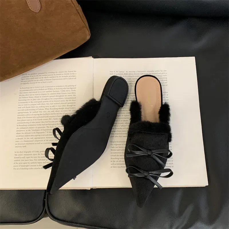 Hnzxzm Women Flats Mules Shoes Fur Pointed Toe Fashion Slippers Winter New  Trend Designer Slingback Elegant Mujer Zapatillas