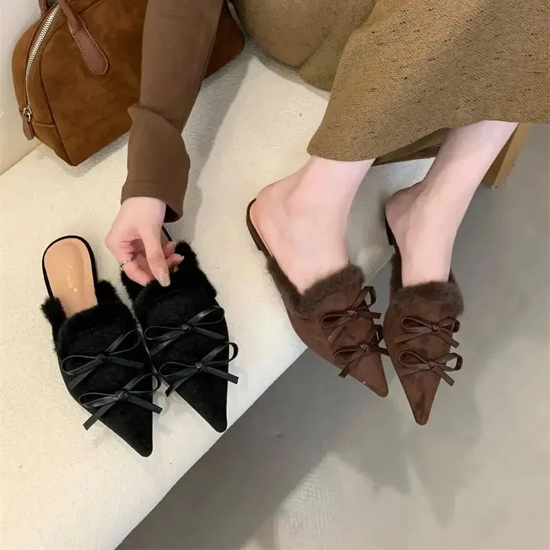 Hnzxzm Women Flats Mules Shoes Fur Pointed Toe Fashion Slippers Winter New  Trend Designer Slingback Elegant Mujer Zapatillas