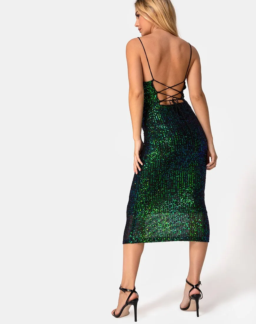 Humia Midi Dress in Drape Net Sequin Iridescent Green