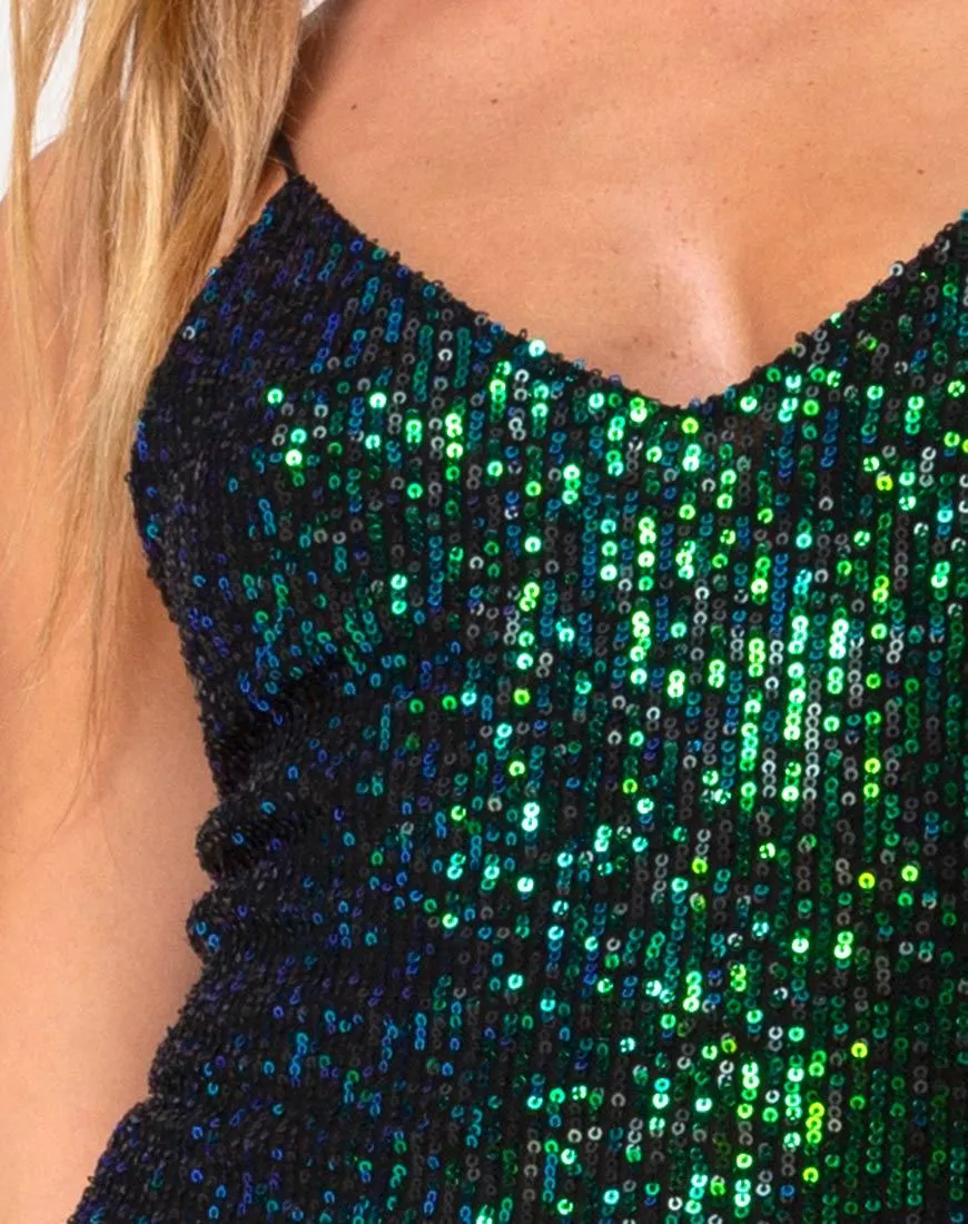 Humia Midi Dress in Drape Net Sequin Iridescent Green