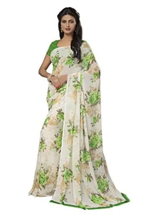 Ishin Faux Georgette Off White Floral Printed Women's Saree.