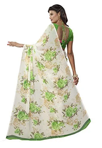 Ishin Faux Georgette Off White Floral Printed Women's Saree.