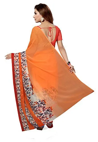 Ishin Faux Georgette Orange Floral Printed Women's Saree.