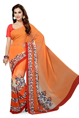 Ishin Faux Georgette Orange Floral Printed Women's Saree.