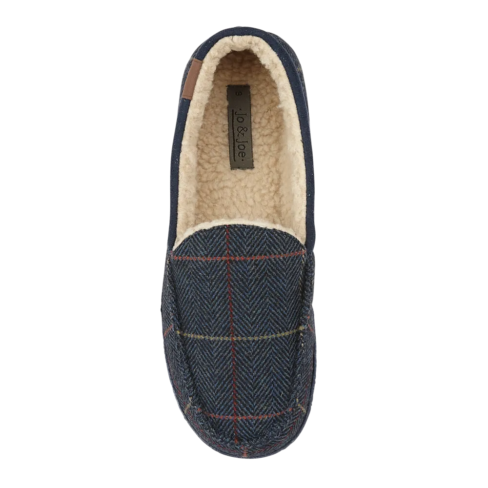 JO & JOE Men's Navy Blue Tweed Warm Lined Moccasin Slippers