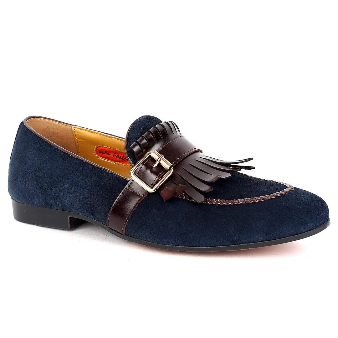 John Foster Blue Suede  Leather Coffee Fringe Side Buckle