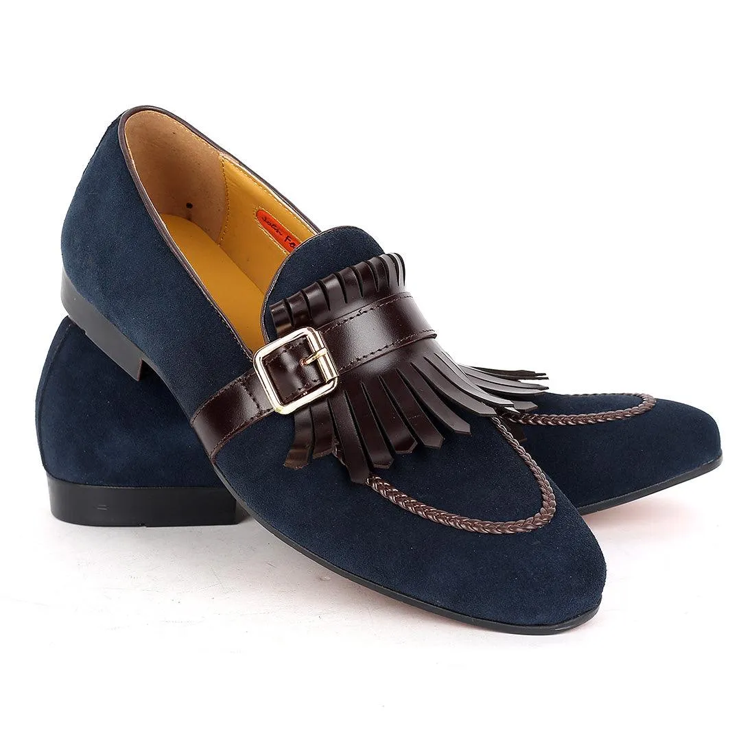 John Foster Blue Suede  Leather Coffee Fringe Side Buckle