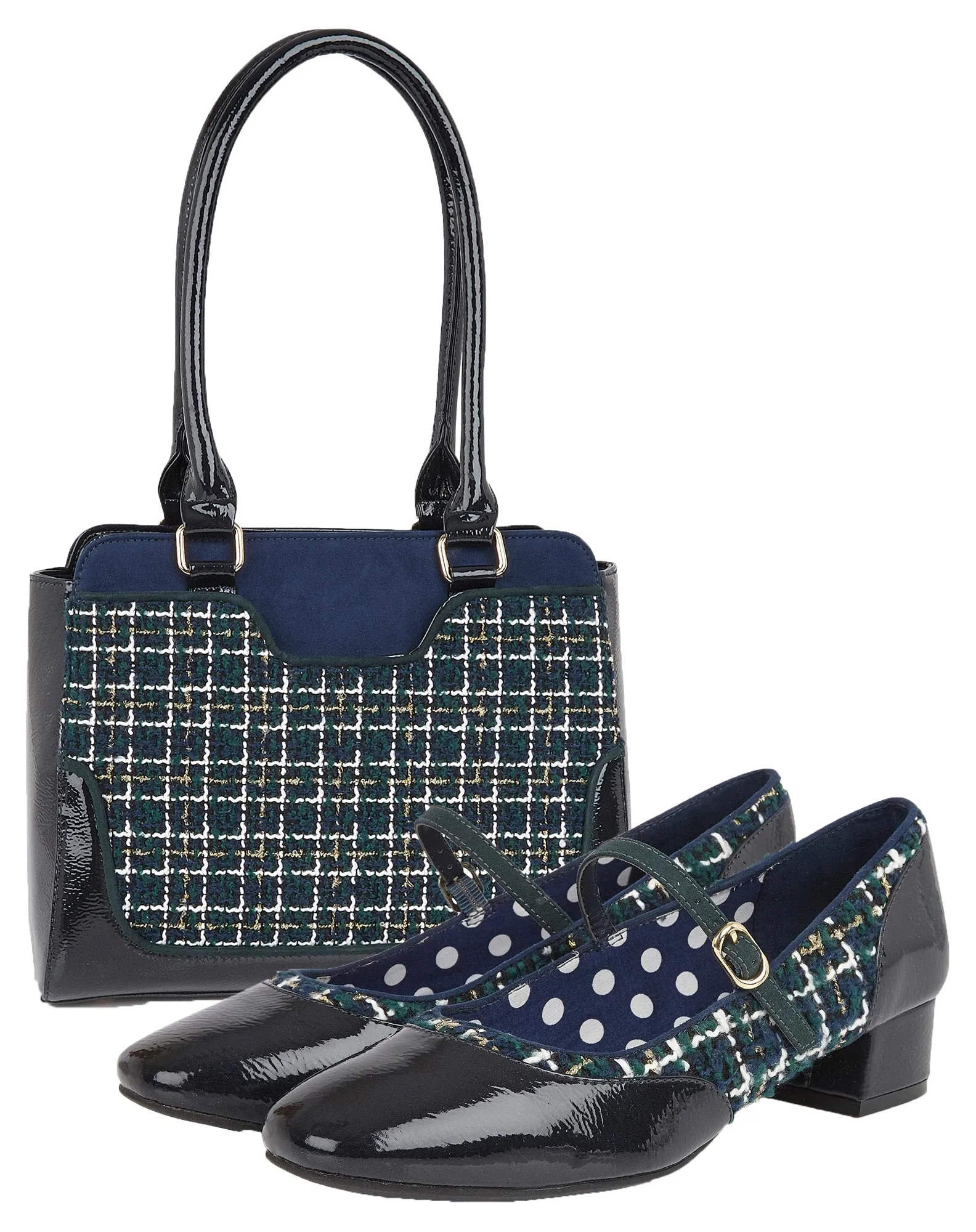 Jolene Tweed Navy Blue Low Heel Bar Shoes & Matching Tunis Bag by Ruby Shoo