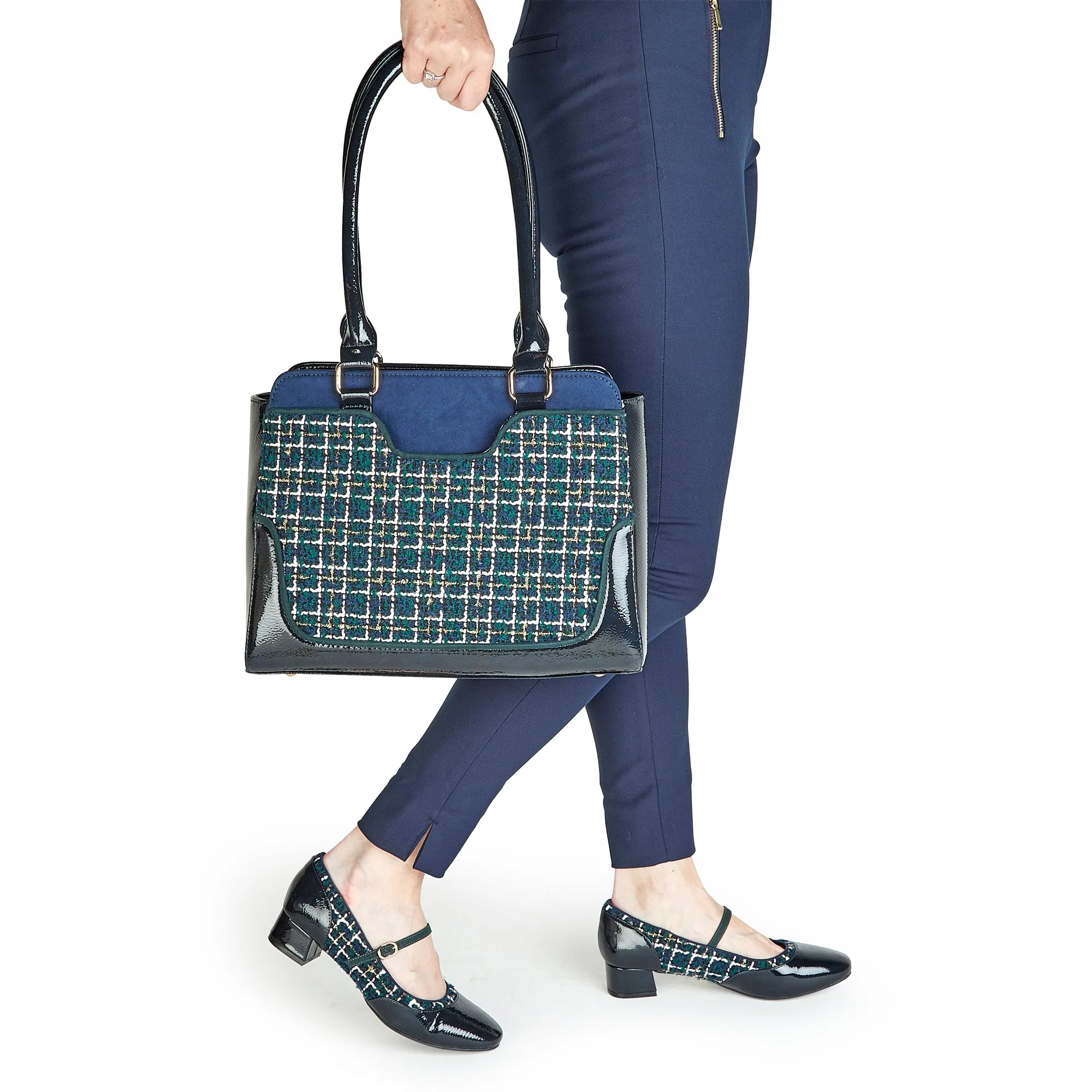 Jolene Tweed Navy Blue Low Heel Bar Shoes & Matching Tunis Bag by Ruby Shoo