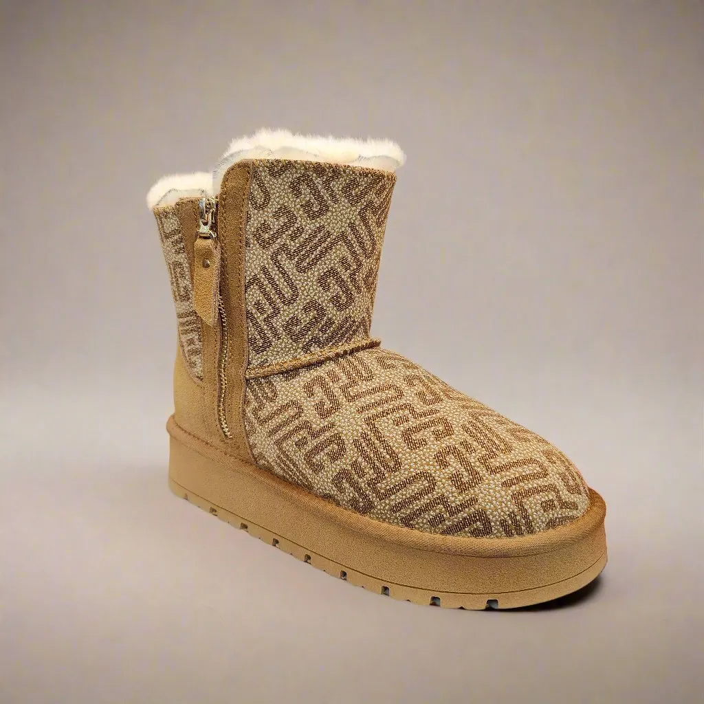 Ladies Yukon Bedroom Boots/Slippers Ice Print Leather Shearling Kamloops Warm