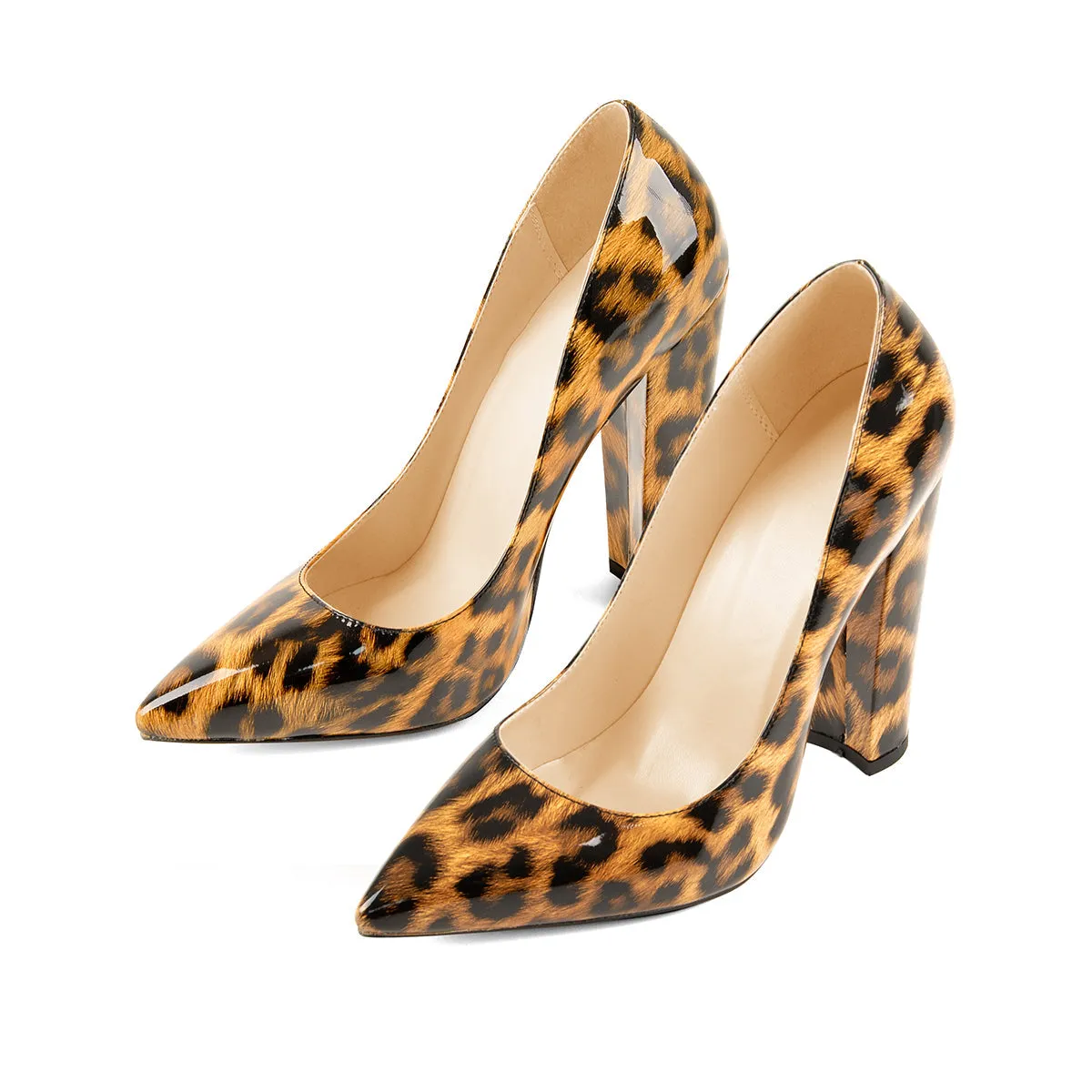 Leopard Pointed toe Pumps Chunky Heels Basic Women High Heels