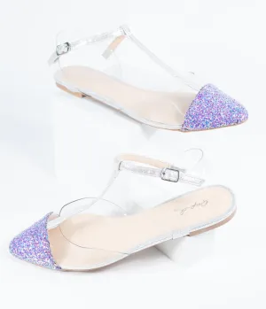 Lilac Purple Glitter & Clear Vinyl T-Strap Flats