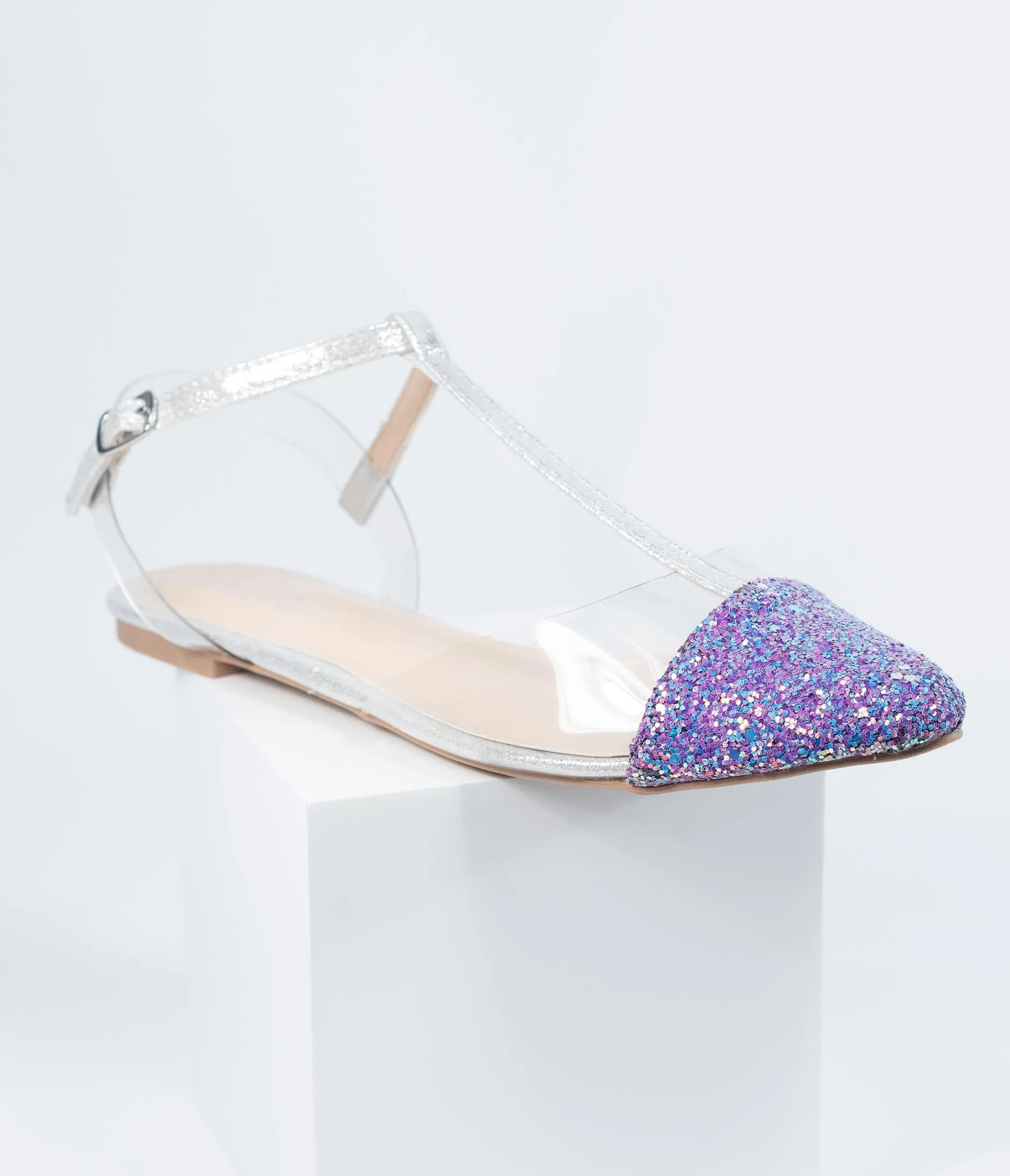 Lilac Purple Glitter & Clear Vinyl T-Strap Flats