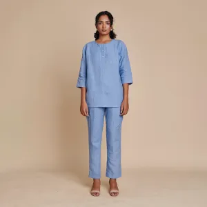 Linen Short Kurta for Women | Blue | Embroidered