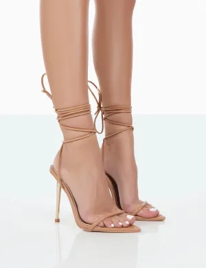 Look Back Nude Pu Pointed Toe Lace Up Stiletto Heels